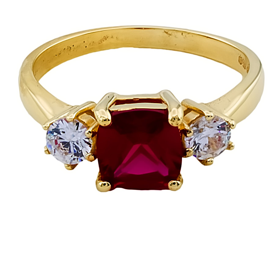 9ct Gold Lab Grown Ruby/Cubic Zirconia 3 Stone Ring size S